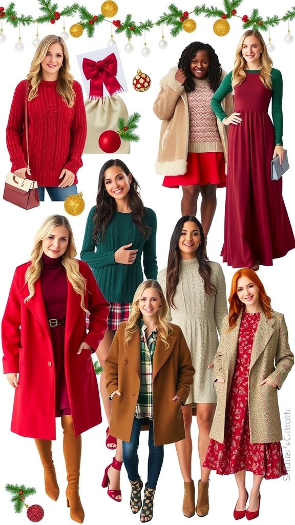 A colorful Christmas outfit collage with sweaters, dresses, and accessories in festive colors.